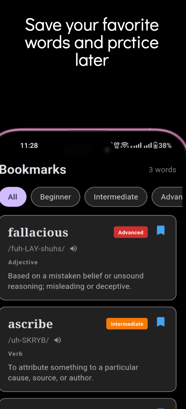 WordTok bookmarks screen - save favorite English words to practice later