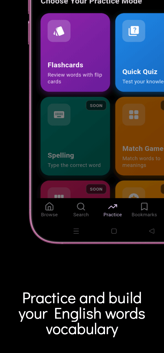 WordTok practice modes - flashcards, quick quiz, spelling and match game