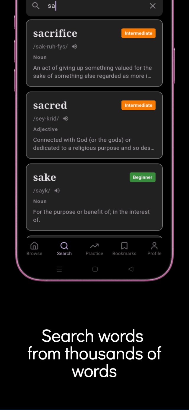 WordTok search screen - find any English word from thousands in the dictionary